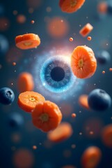 Poster - A glowing eye at the center, surrounded by floating blueberries and carrots