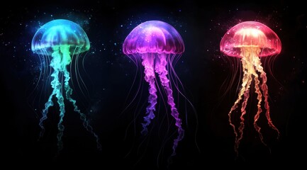 Wall Mural - three jellyfish in different colors glowing under the dark ocean, realistic photography