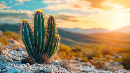 Poster - In a stunning desert landscape, a group of three tall cacti stands proud against the backdrop of a vibrant sunset. The sky is filled with warm colors, highlighting the rugged terrain below