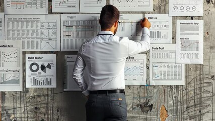 Poster - A person stands before various data charts on a wall, focused on analyzing information in a modern office environment