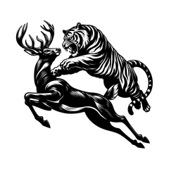 a tiger pouncing on a deer black color vector isolated white background
