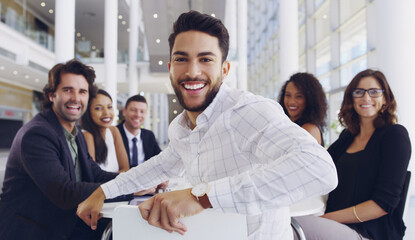 Poster - Business, lawyer or happy man in meeting for portrait confidence or teamwork in workplace. Face, legal counsel or male attorney clerk at law firm in group for career growth, litigation or justice