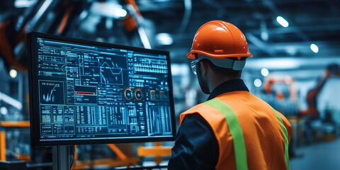 Poster - Worker in safety gear monitors industrial process data on large screen display, showcasing technological advancement and automation in modern manufacturing