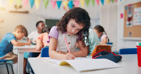 Poster - Notebook, education and writing with girl in classroom for child development, future and learning. Academy, growth and scholarship with kid studying in school for knowledge, lesson and students