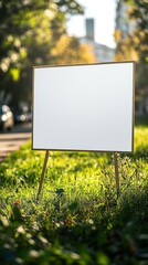 Poster - A blank canvas rests on a wooden easel, surrounded by lush green grass, capturing the warm glow of early evening sunlight in a peaceful park setting