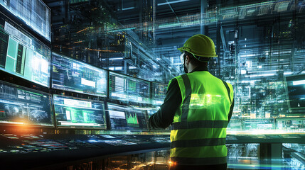 Poster - Worker in safety vest monitors multiple screens displaying data streams in industrial control room, showcasing modern technology and process monitoring