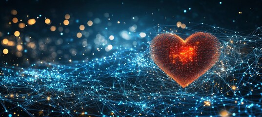 Poster - Glowing Red 3D Wireframe Heart over Blue Digital Grid - Abstract Concept of Technology and Love