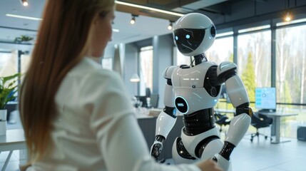 Poster - Futuristic robot interacting with humans in a modern office.