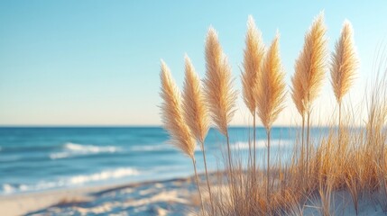 Poster - Soft golden grasses stand tall along the sandy shore, dancing in the breeze as gentle waves lap against the coast. A serene moment captures nature's beauty at dusk
