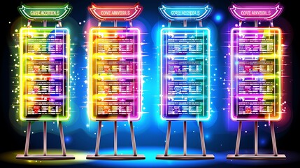 Aufkleber - Four brightly lit information display boards with vibrant glowing effects