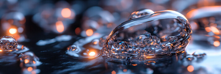Poster - Close-up of Translucent Liquid with Bubbles and Orange Background Lights