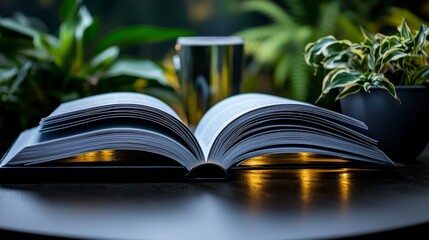 Poster - Reading an open book cozy home still life indoor plants close-up tranquil learning environment