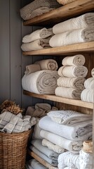 Aufkleber - Soft, neutral-toned towels and blankets are lovingly stacked on wooden shelves, offering a warm and inviting feel to the storage area. A basket of fabric adds to the charm