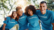 © FremeFlex/peopleimages.com - Volunteer, friends and portrait of people in park for recycle program, hug or social responsibility. Environment, climate change or ngo with group huddle in nature for non profit, cleaning or charity