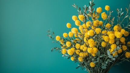 Aufkleber - A lively bouquet of bright yellow blooms pops against a calming aqua backdrop, creating an inviting and cheerful atmosphere perfect for brightening any space