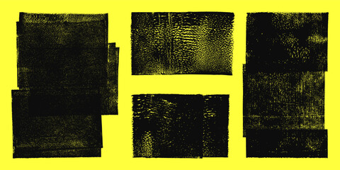 Poster - Linocut vector, relief printing rectangle grunge shapes, wide stripes rough textures set. Paint roller stains, lino ink grungy geometric figures. Artistic linocutting textured backgrounds, text frames