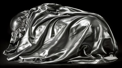 Poster - A figure is covered by flowing silver fabric over a black surface
