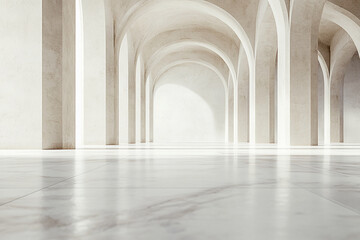Aufkleber - Beige marble floor and off-white arched columns create a minimalist, elegant interior scene, showcasing ample free space ideal for product display or text placement