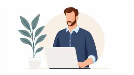 Poster - A man works on a laptop at a desk with a potted plant, set against a simple circular backdrop.