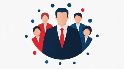 Poster - Group of diverse professionals in a stylized illustration, showcasing teamwork and collaboration in a corporate environment.