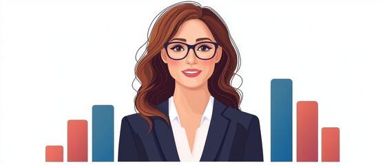 Aufkleber - A professional woman with glasses stands before a colorful bar graph, representing data analysis or business insights.