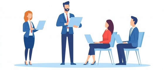 Poster - Business meeting illustration with four professionals discussing ideas, two with laptops and one presenting documents.