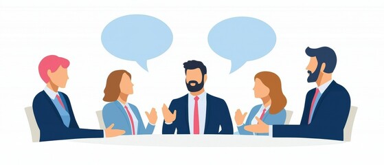 Aufkleber - A group of five professionals engaged in a discussion around a table, with speech bubbles indicating conversation.