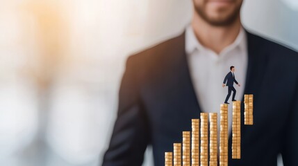 Poster - A businessman climbs a graph of money stacks, symbolizing growth and success in the financial sector.