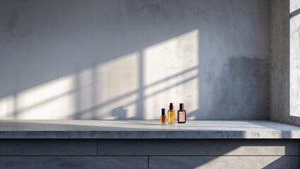 Poster - elegant display of beauty products on minimalistic shelf with natural light highlighting their textu