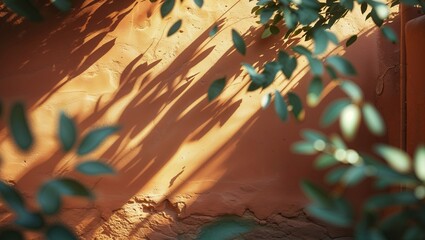 Poster - Sunlight casts playful shadows on an earthy orange wall surrounded by lush greenery in a serene outdoor space