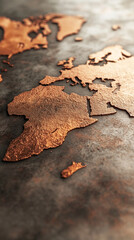 Poster - Embossed copper world map on dark textured surface, showcasing global connectivity and exploration themes, ideal for travel or geography concepts