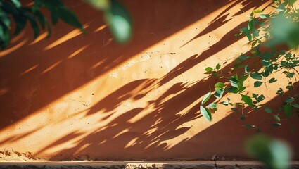 Poster - Sunlight casts intricate shadows of green leaves against an orange wall in a serene outdoor setting during the afternoon