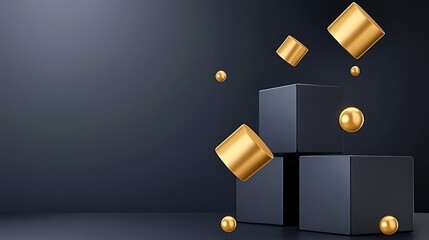 Aufkleber - Gold shapes and dark boxes float in abstract digital rendering