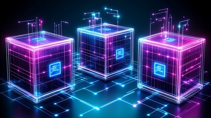 Poster - Three interconnected glowing cubes display technology or data flow