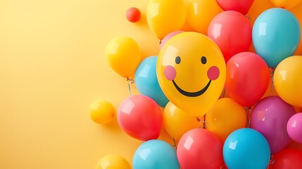 Wall Mural - Bright and colorful 3D rendering of a bunch of balloons in various colors with a smiley face in the center on a yellow background.