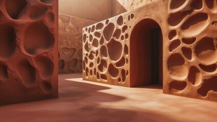 Poster - unique architectural design features textured walls and natural light in a warm interior space