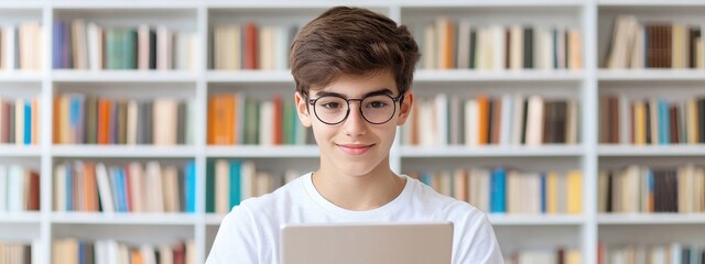 Fototapete - Intelligent Boy Using Laptop in Cozy Library Space with Books
