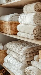 Poster - Soft, neutral-toned towels are beautifully stacked on wooden shelves, accompanied by woven baskets, creating an inviting atmosphere in a well-organized laundry area or bathroom