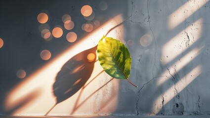 Poster - Bright green leaf casting a shadow on a textured surface with sunlight and bokeh effect in the background