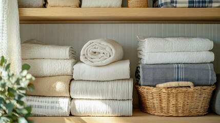 Poster - Soft, fluffy towels in various textures are neatly stacked on wooden shelves, illuminated by gentle sunlight. A woven basket adds a touch of warmth to the serene space