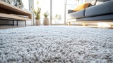 Light gray shag rug with thick, luxurious fibers, modern furniture and clean lines framing the scene, warm sunlight casting gentle highlights, close-up perspective.  