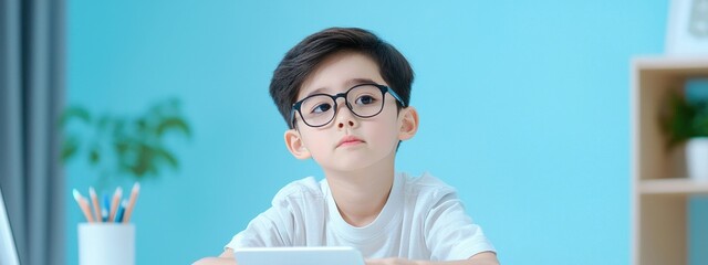 Poster - young boy with glasses concentrating on tablet in bright room