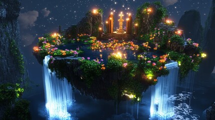 Wall Mural - A mystical floating island with waterfalls, glowing flowers, and an ancient magical altar at the center, realistic
