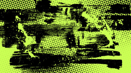 Poster - Green grunge background with horizontal black brush strokes and halftone dots.