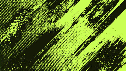 Poster - Green grunge background with diagonal black brush strokes and halftone dots.