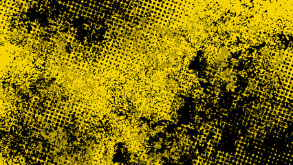 Poster - yellow grunge background with black stains and halftone dots.