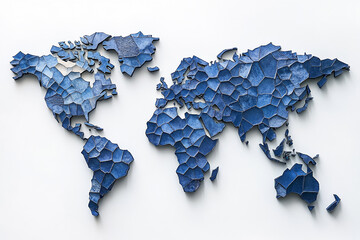 Poster - Blue mosaic world map, textured surface, 3D effect, showcasing global connectivity and travel, suitable for decorative purposes