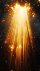 Poster - Golden light rays burst from above, illuminating dark background with sparkling particles, showcasing a celestial or divine concept, ideal for dramatic or celebratory designs