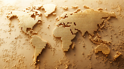 Poster - Golden textured world map, showcasing global connection and unity, ideal for business or travel themes