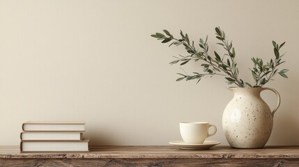 Poster - A serene morning tableau captures a soft ceramic pitcher adorned with olive branches beside a simple cup and saucer. Stacked books lay on a rustic wooden table beneath a calming beige wall